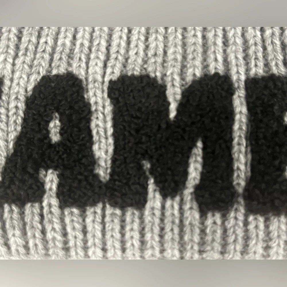 Unisex Game Day knit hat / beanie. Grey w/black embroidery. Faux fur pompon. NWT